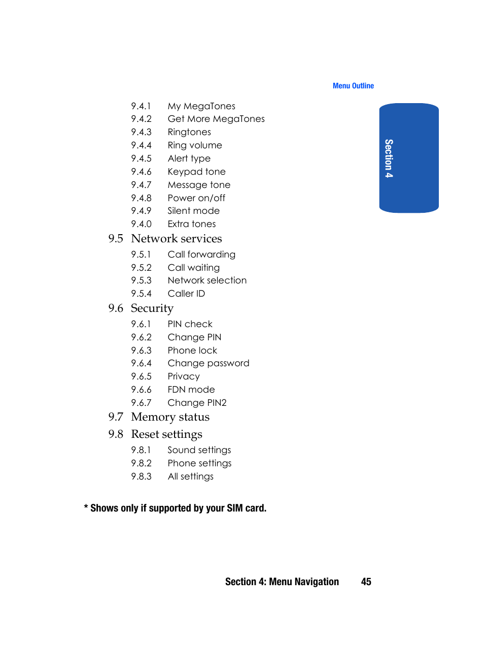 5 network services, 6 security | Samsung SGH-T319NBBTMB User Manual | Page 49 / 182