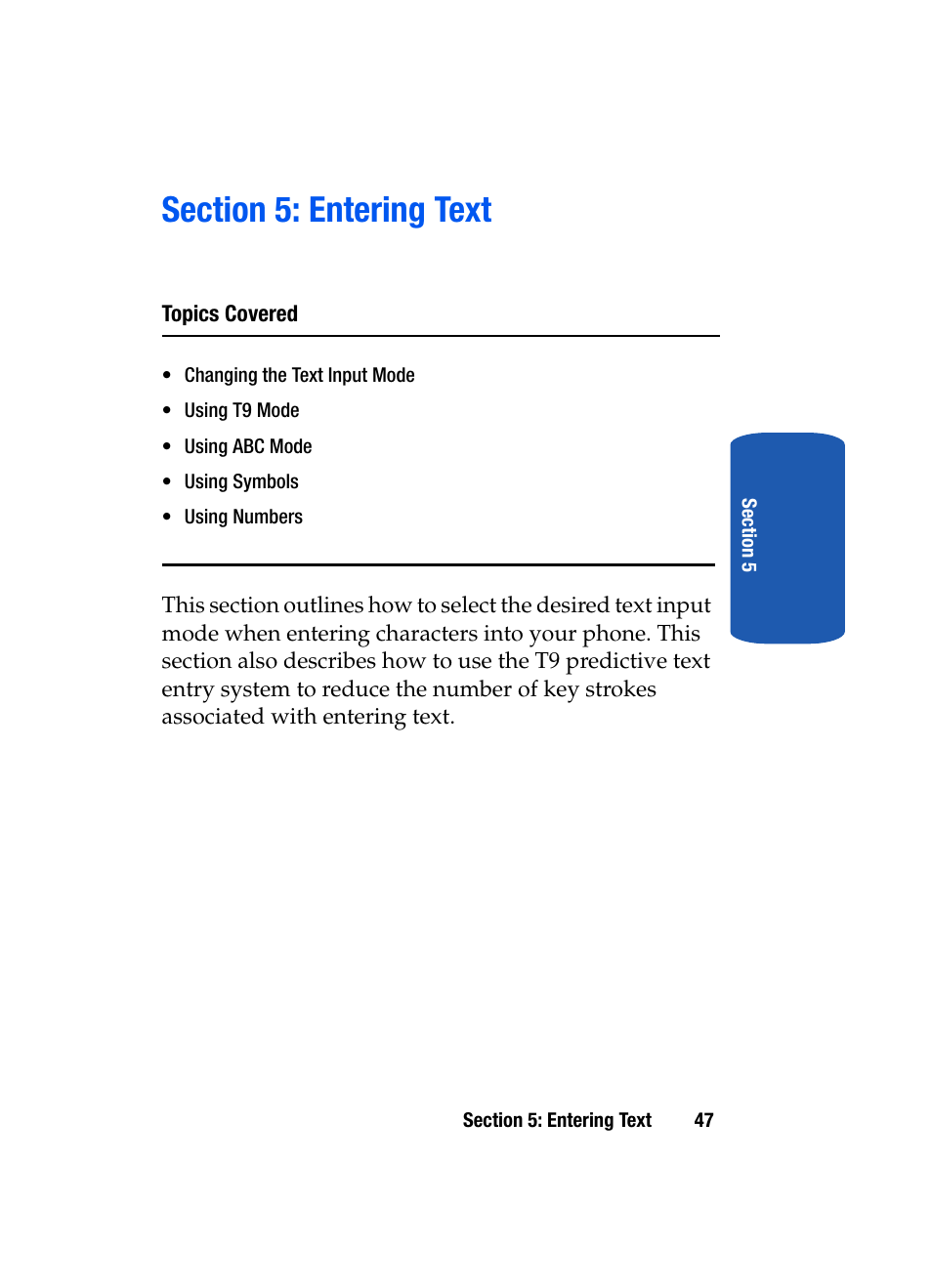 Section 5: entering text | Samsung SGH-T319NBBTMB User Manual | Page 51 / 182