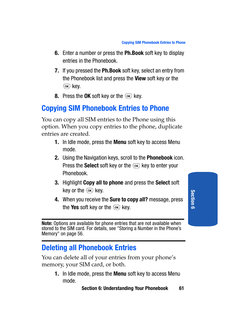 Copying sim phonebook entries to phone, Deleting all phonebook entries | Samsung SGH-T319NBBTMB User Manual | Page 65 / 182