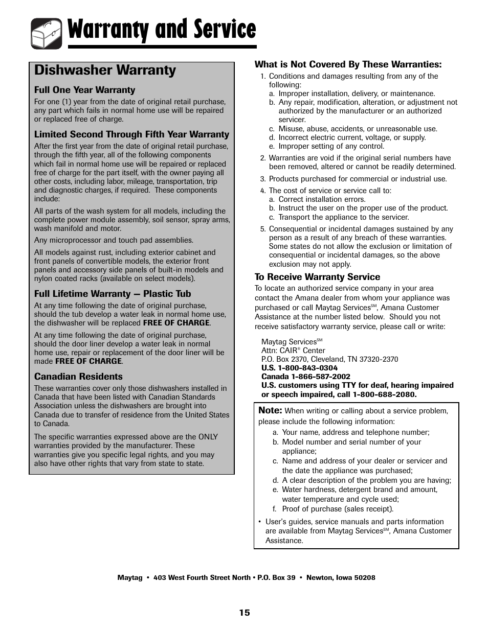 Warranty and service, Dishwasher warranty | Amana ADB-1 User Manual | Page 16 / 48