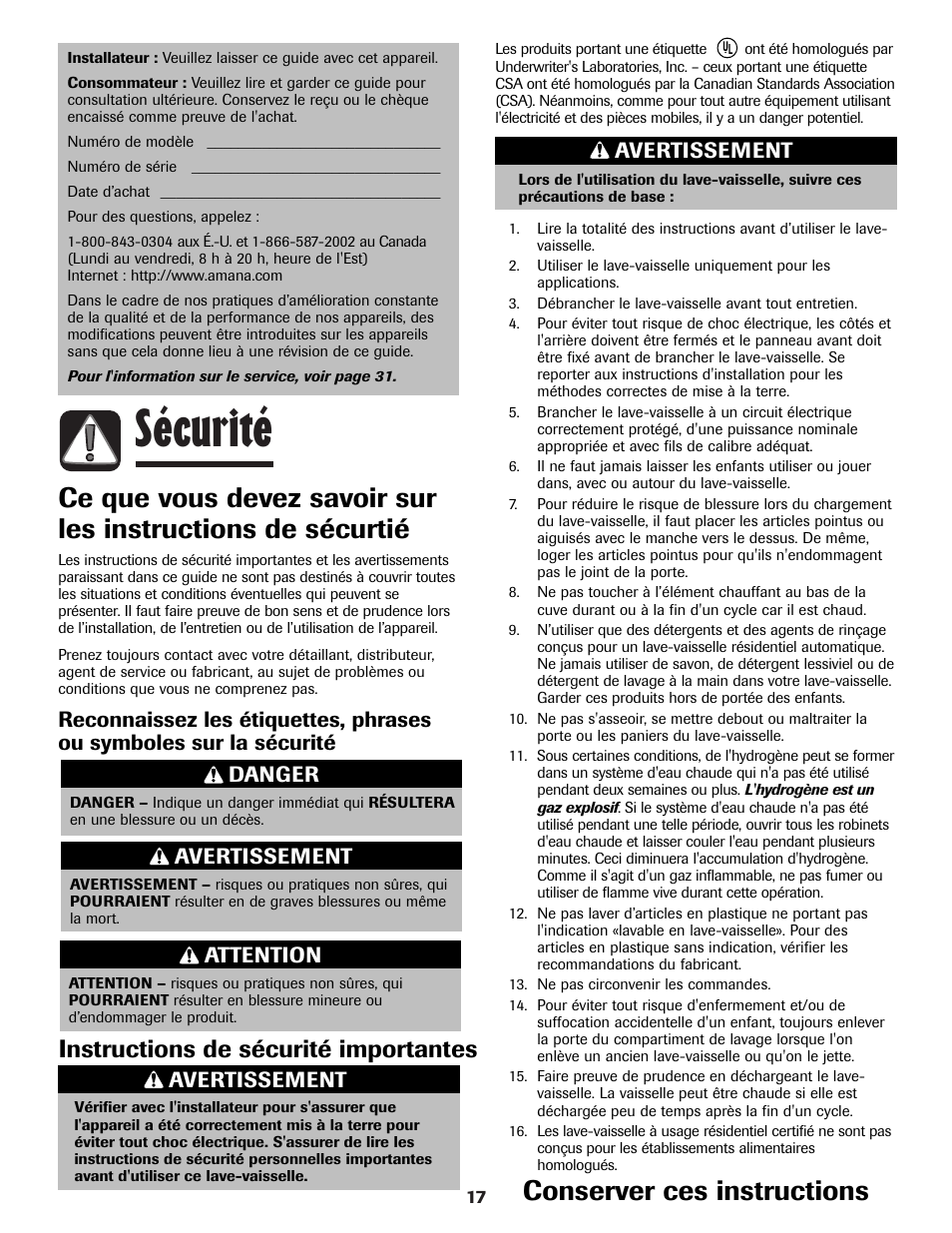 Sécurité, Conserver ces instructions, Instructions de sécurité importantes | Avertissement, Danger, Attention | Amana ADB-1 User Manual | Page 18 / 48