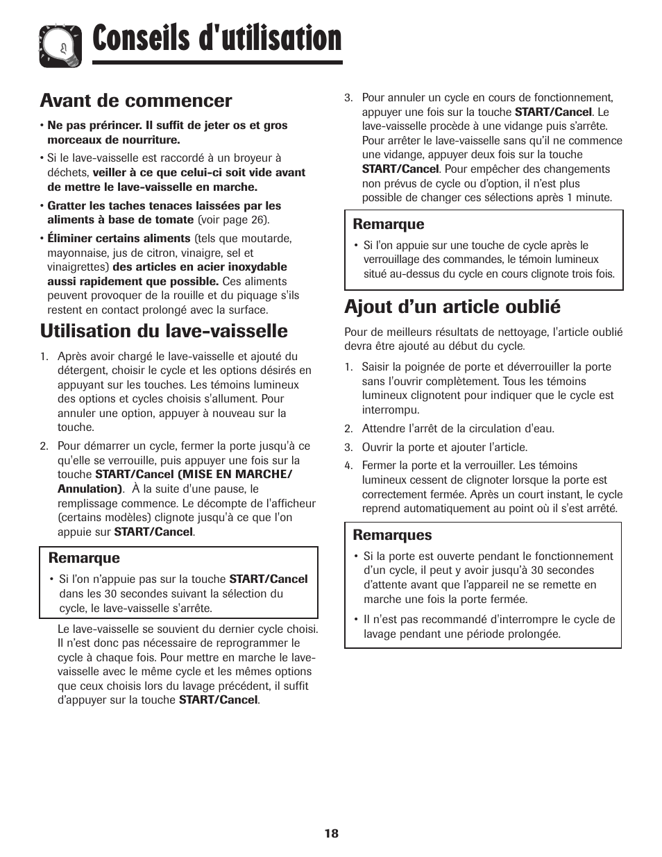 Conseils d'utilisation, Avant de commencer, Utilisation du lave-vaisselle | Ajout d’un article oublié | Amana ADB-1 User Manual | Page 19 / 48