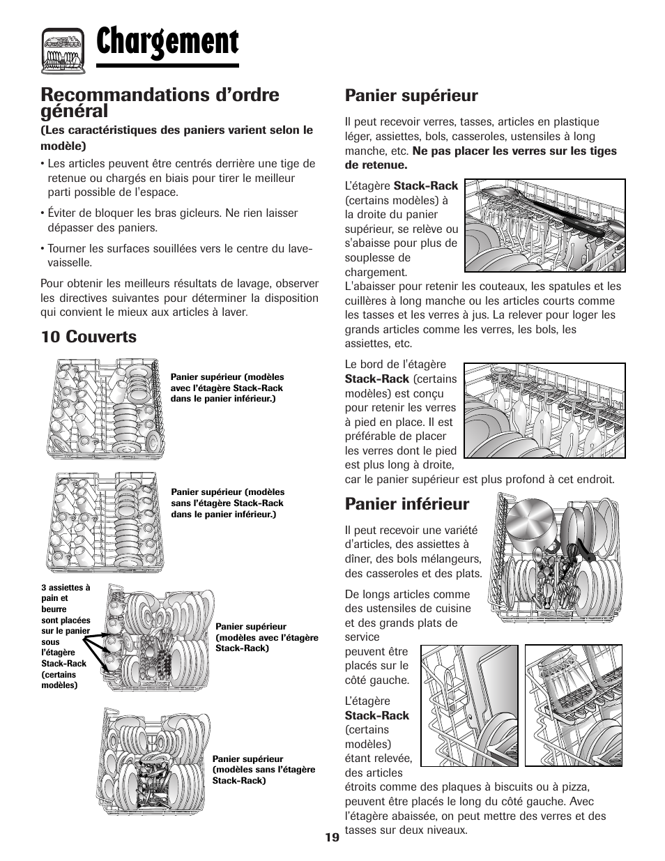 Chargement, Recommandations d’ordre général, 10 couverts panier supérieur | Panier inférieur | Amana ADB-1 User Manual | Page 20 / 48
