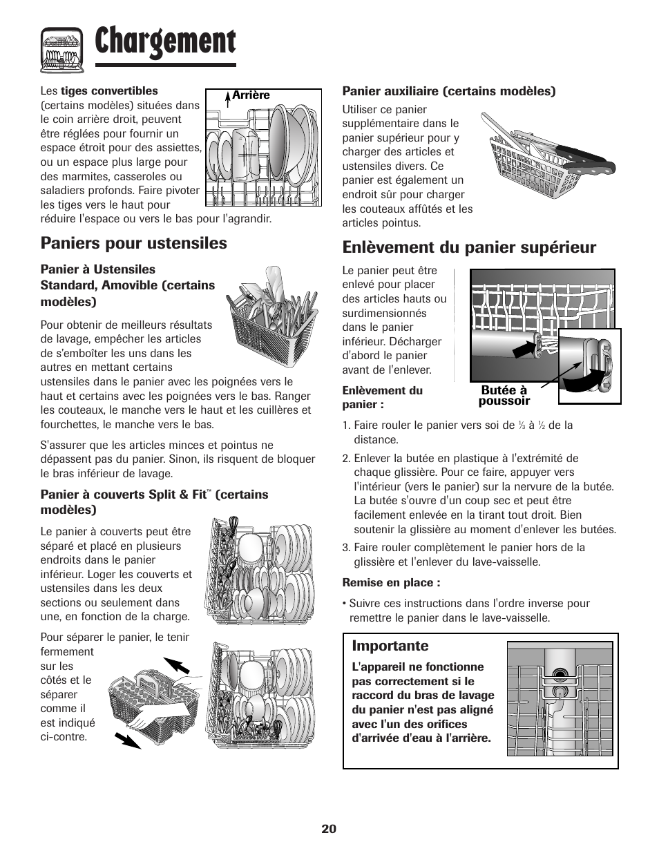 Chargement, Paniers pour ustensiles, Enlèvement du panier supérieur | Importante | Amana ADB-1 User Manual | Page 21 / 48