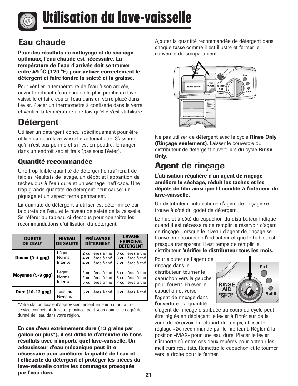 Utilisation du lave-vaisselle, Eau chaude, Détergent | Agent de rinçage, Quantité recommandée | Amana ADB-1 User Manual | Page 22 / 48
