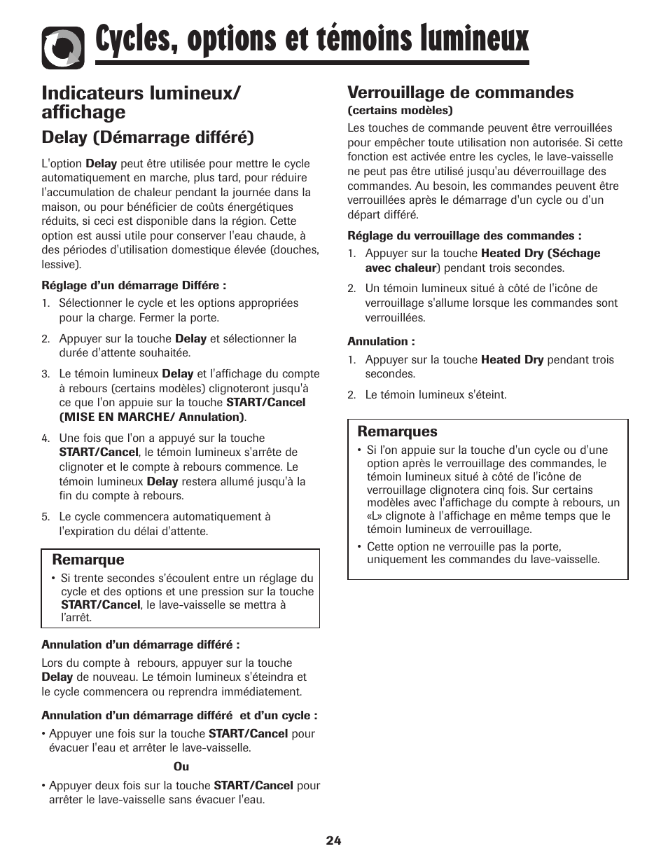 Cycles, options et témoins lumineux, Indicateurs lumineux/ affichage, Delay (démarrage différé) | Verrouillage de commandes | Amana ADB-1 User Manual | Page 25 / 48