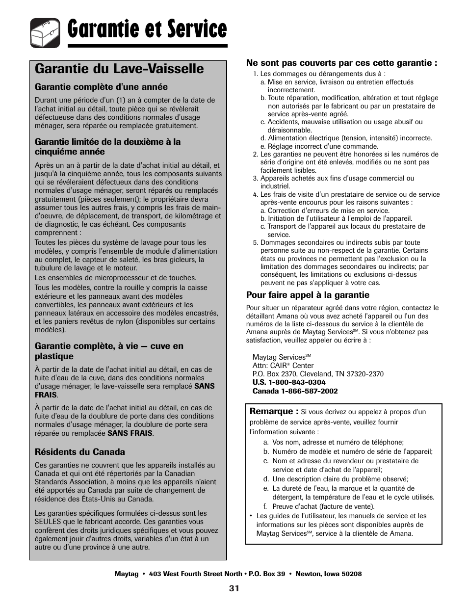 Garantie et service, Garantie du lave-vaisselle | Amana ADB-1 User Manual | Page 32 / 48