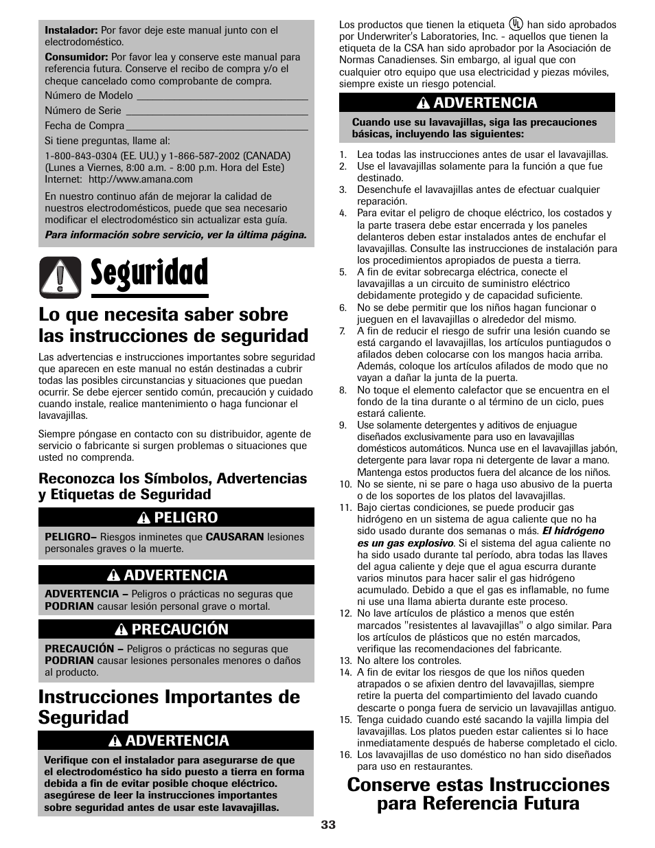 Seguridad, Instrucciones importantes de seguridad, Peligro | Advertencia, Precaución | Amana ADB-1 User Manual | Page 34 / 48