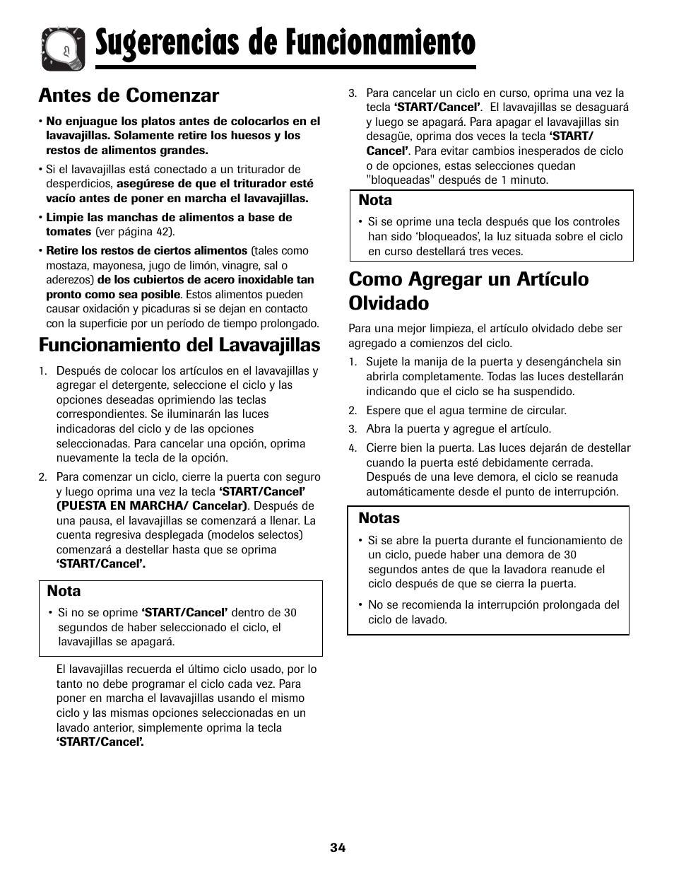 Sugerencias de funcionamiento, Antes de comenzar, Funcionamiento del lavavajillas | Como agregar un artículo olvidado | Amana ADB-1 User Manual | Page 35 / 48