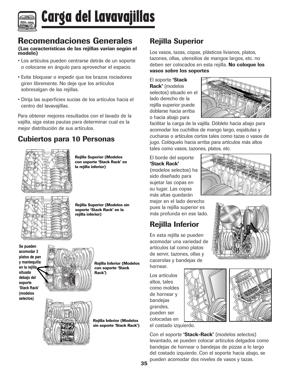 Carga del lavavajillas, Recomendaciones generales, Cubiertos para 10 personas rejilla superior | Rejilla inferior | Amana ADB-1 User Manual | Page 36 / 48