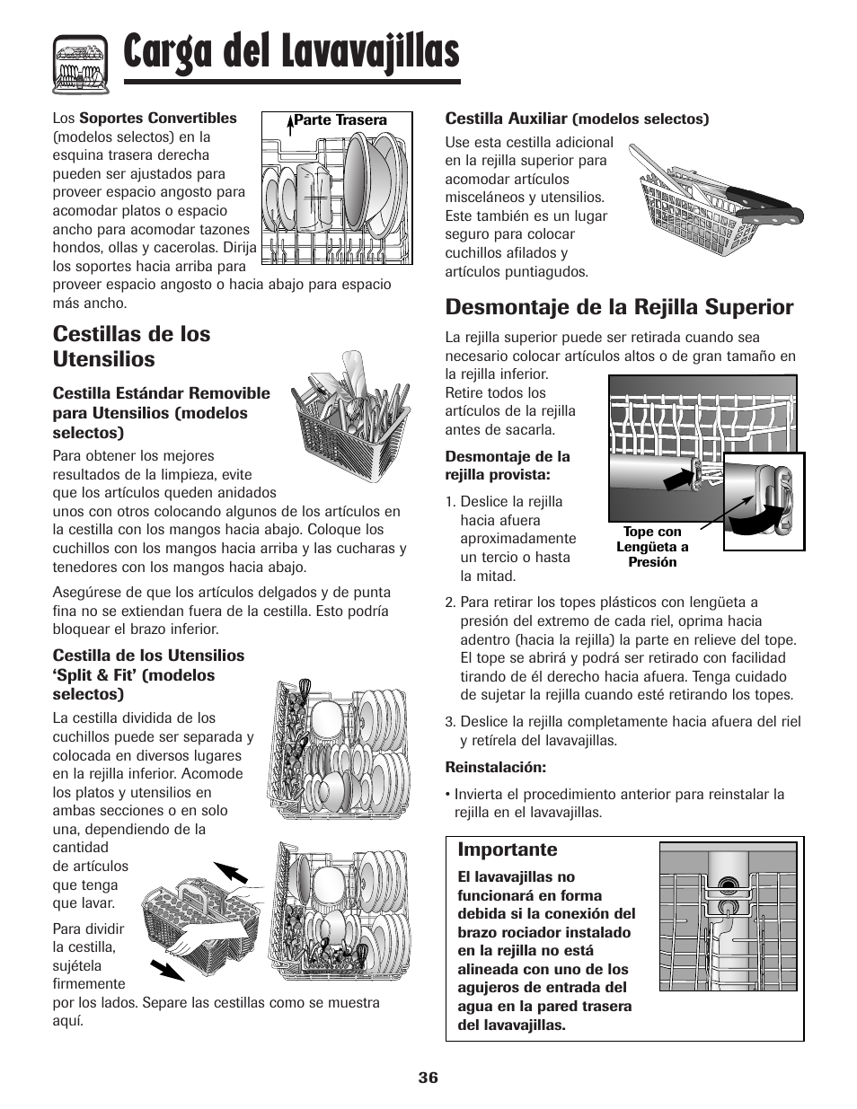 Carga del lavavajillas, Cestillas de los utensilios, Desmontaje de la rejilla superior | Amana ADB-1 User Manual | Page 37 / 48