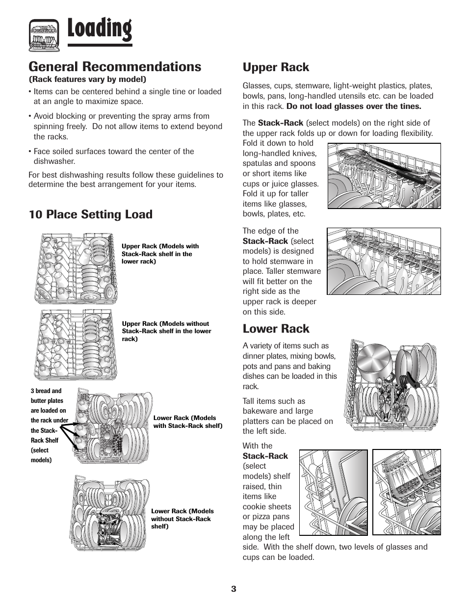Loading, General recommendations, 10 place setting load upper rack | Lower rack | Amana ADB-1 User Manual | Page 4 / 48