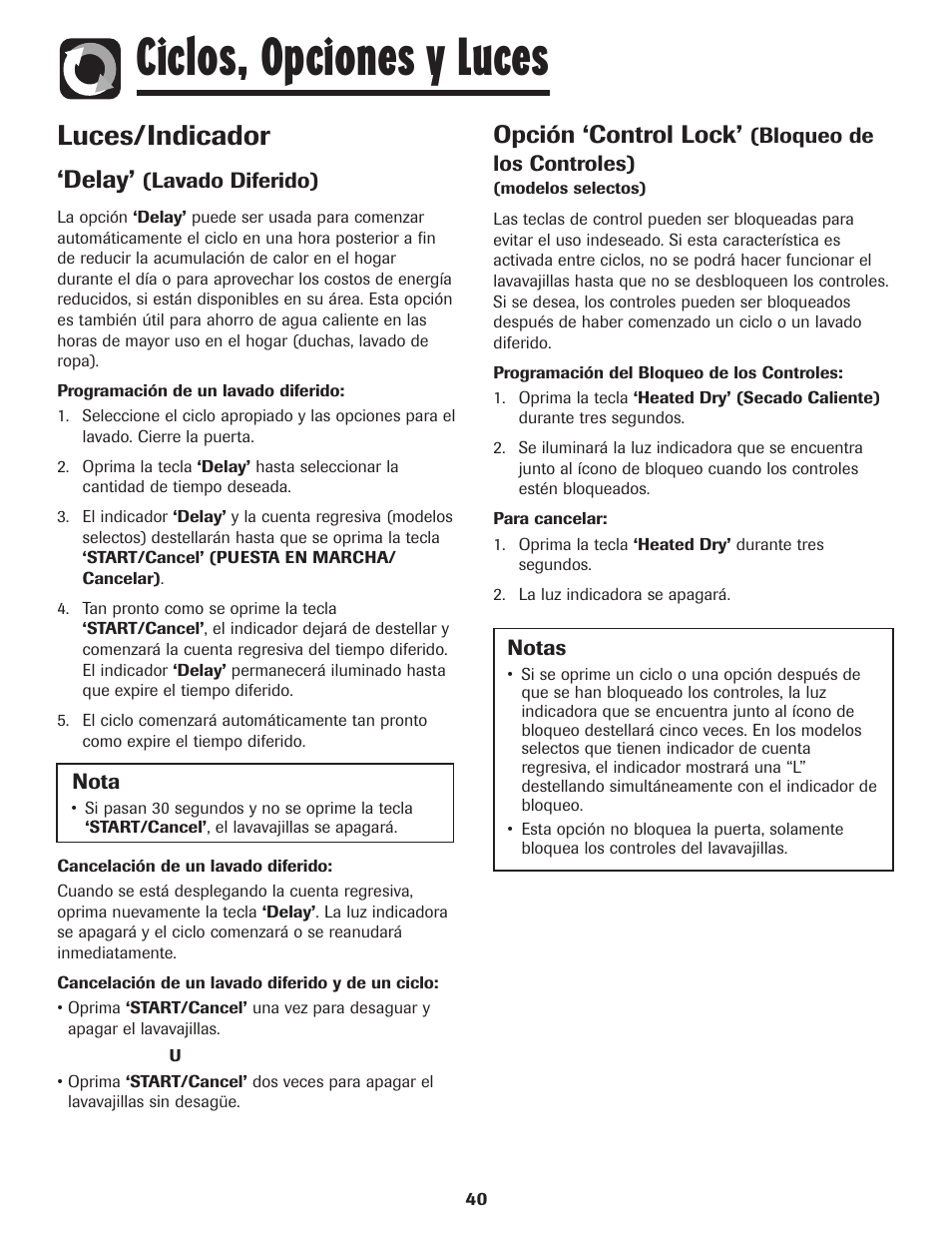 Ciclos, opciones y luces, Luces/indicador, Delay | Opción ‘control lock | Amana ADB-1 User Manual | Page 41 / 48