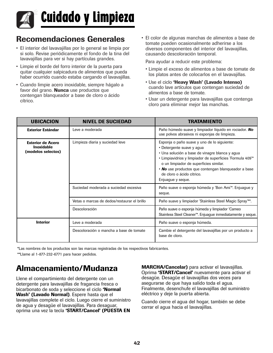 Cuidado y limpieza, Recomendaciones generales, Almacenamiento/mudanza | Amana ADB-1 User Manual | Page 43 / 48