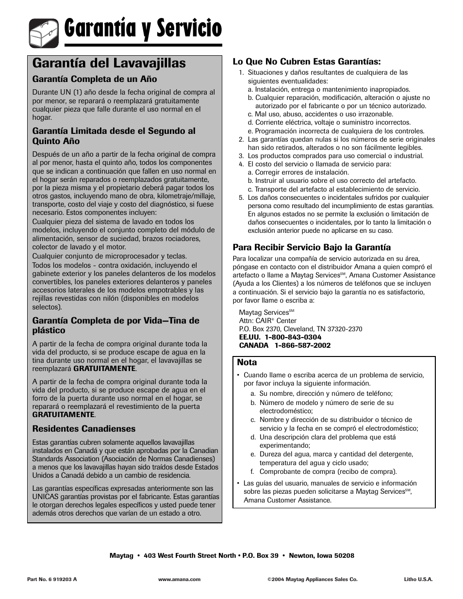 Garantía y servicio, Garantía del lavavajillas | Amana ADB-1 User Manual | Page 48 / 48