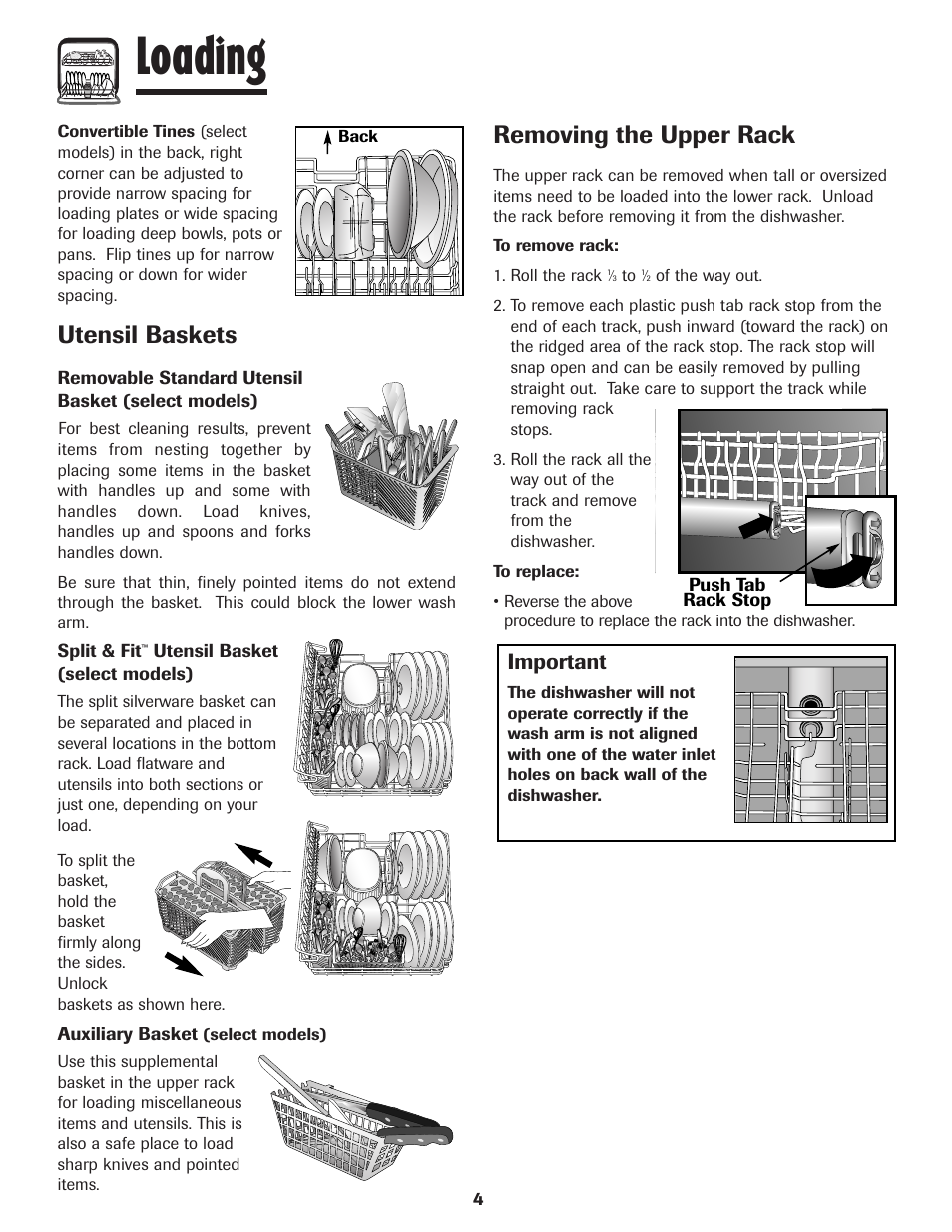 Loading, Utensil baskets, Removing the upper rack | Important | Amana ADB-1 User Manual | Page 5 / 48