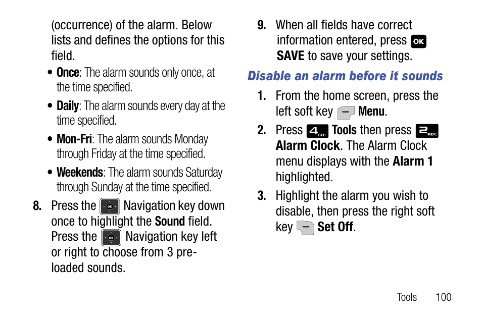 Disable an alarm before it sounds | Samsung SCH-U310ZNAVZW User Manual | Page 103 / 144
