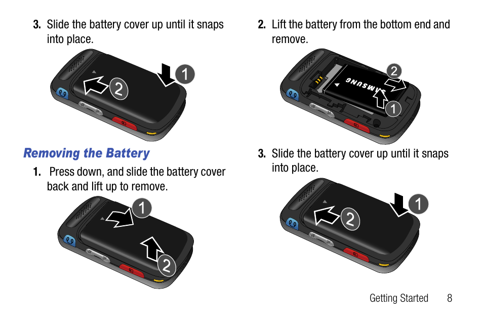 Removing the battery | Samsung SCH-U310ZNAVZW User Manual | Page 11 / 144