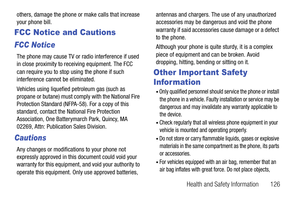 Fcc notice and cautions, Fcc notice, Cautions | Other important safety information, Fcc notice and cautions fcc notice | Samsung SCH-U310ZNAVZW User Manual | Page 129 / 144