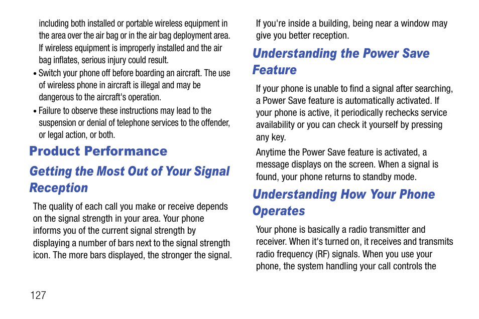 Product performance, Getting the most out of your signal reception, Understanding the power save feature | Understanding how your phone operates | Samsung SCH-U310ZNAVZW User Manual | Page 130 / 144