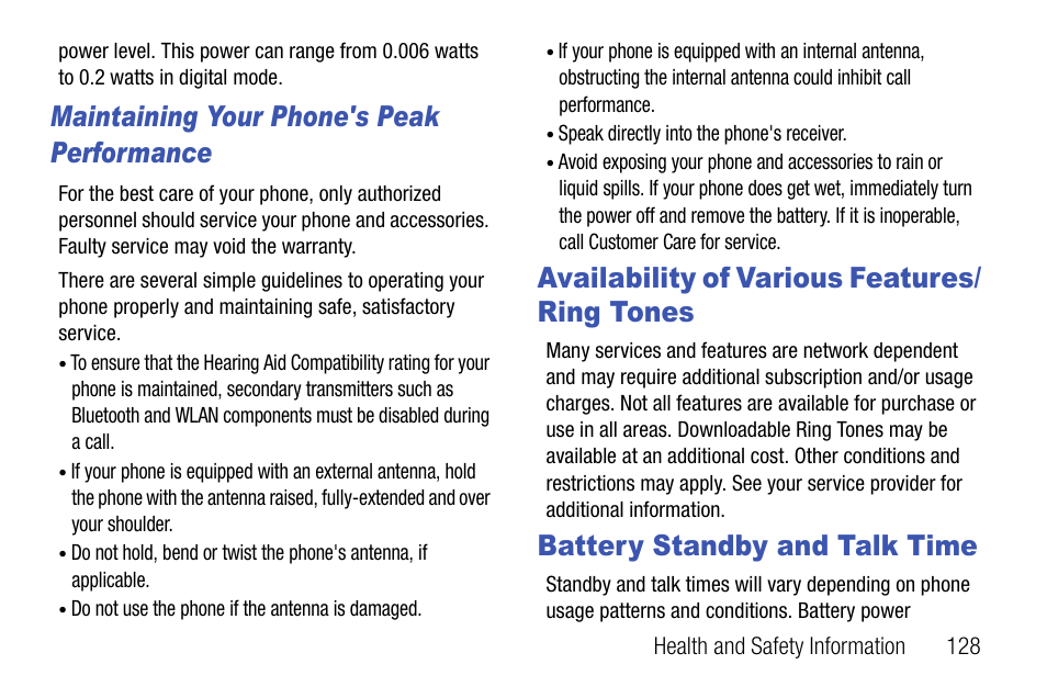 Maintaining your phone's peak performance, Availability of various features/ ring tones, Battery standby and talk time | Availability of various | Samsung SCH-U310ZNAVZW User Manual | Page 131 / 144