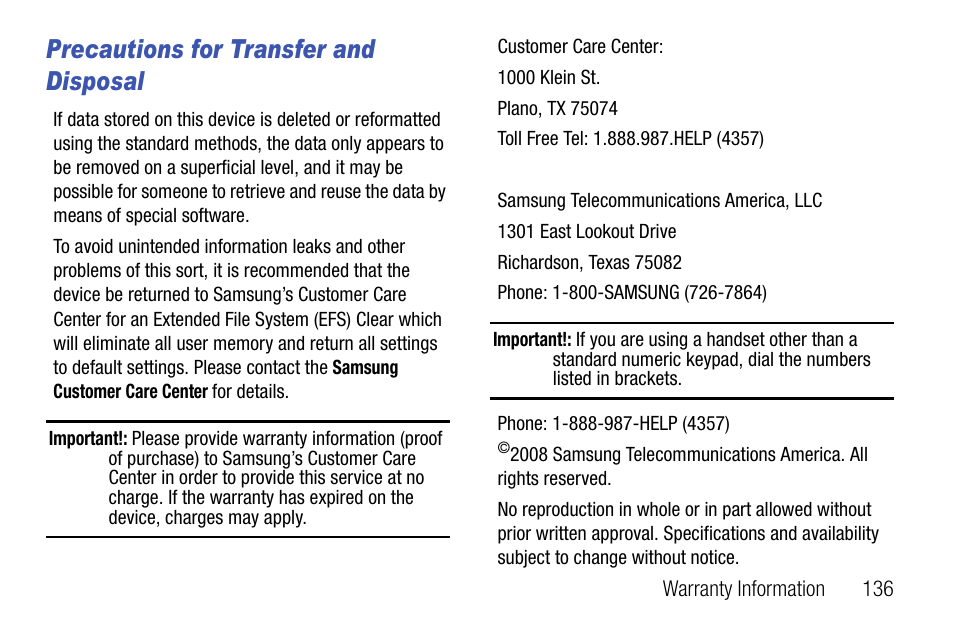 Precautions for transfer and disposal | Samsung SCH-U310ZNAVZW User Manual | Page 139 / 144