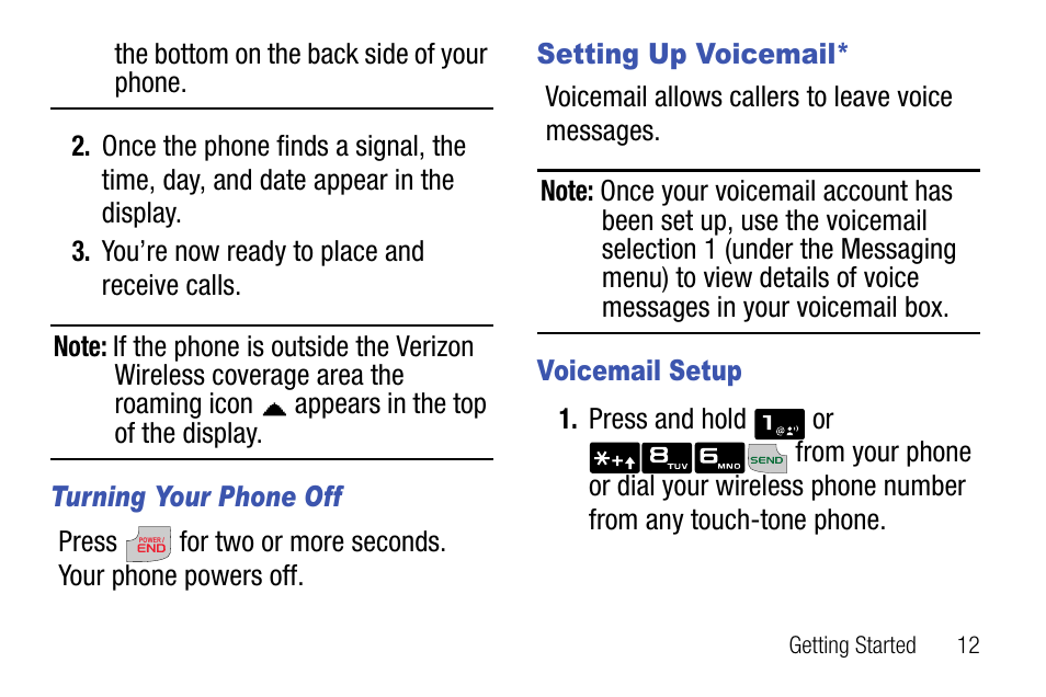 Turning your phone off, Setting up voicemail | Samsung SCH-U310ZNAVZW User Manual | Page 15 / 144