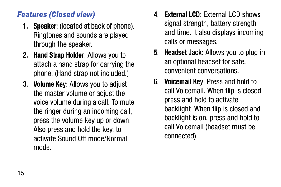 Features (closed view) | Samsung SCH-U310ZNAVZW User Manual | Page 18 / 144