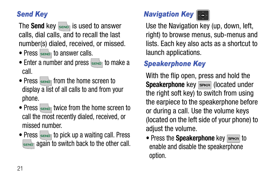 Send key, Navigation key, Speakerphone key | Samsung SCH-U310ZNAVZW User Manual | Page 24 / 144