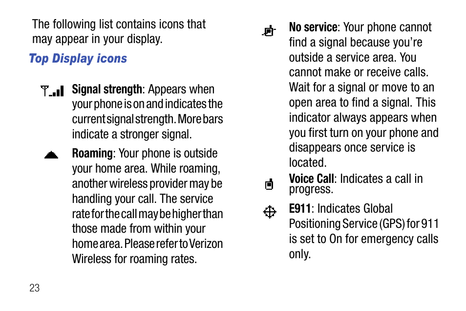 Top display icons | Samsung SCH-U310ZNAVZW User Manual | Page 26 / 144