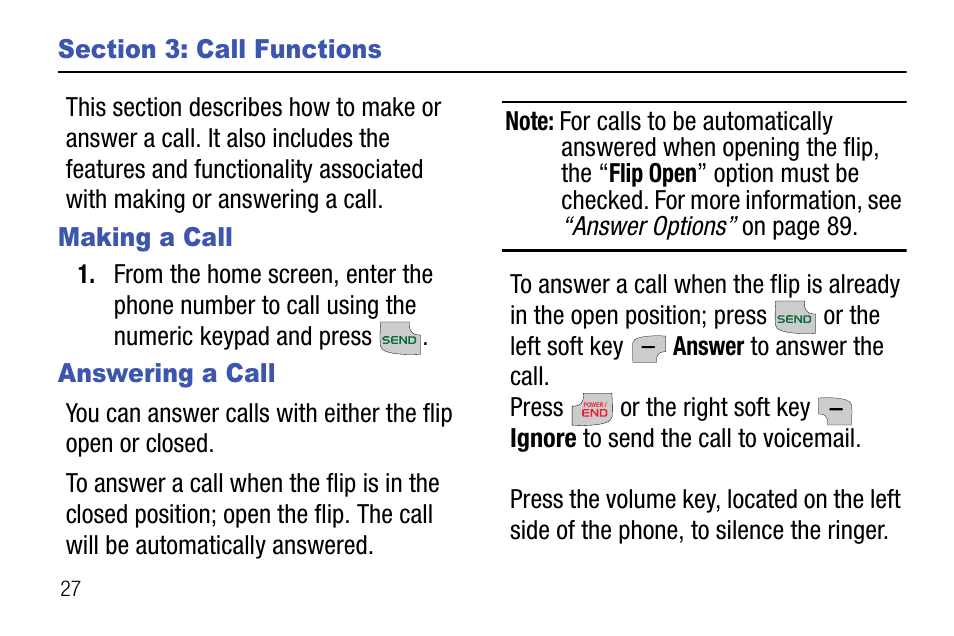 Section 3: call functions, Making a call, Answering a call | Making a call answering a call | Samsung SCH-U310ZNAVZW User Manual | Page 30 / 144