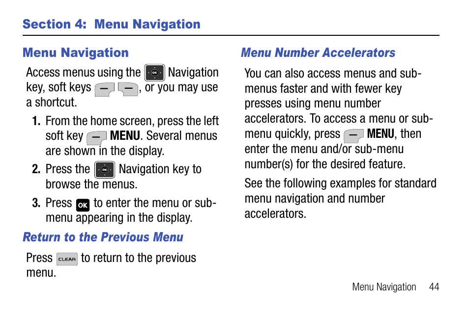 Section 4: menu navigation, Menu navigation, Return to the previous menu | Menu number accelerators | Samsung SCH-U310ZNAVZW User Manual | Page 47 / 144