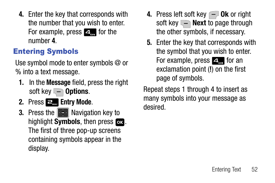 Entering symbols | Samsung SCH-U310ZNAVZW User Manual | Page 55 / 144