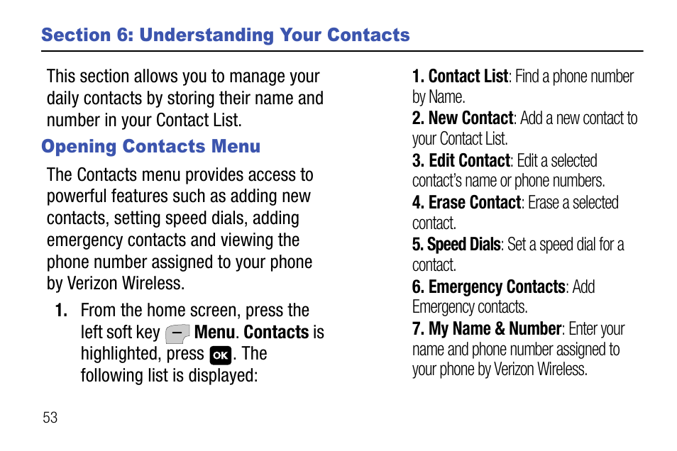 Section 6: understanding your contacts, Opening contacts menu | Samsung SCH-U310ZNAVZW User Manual | Page 56 / 144