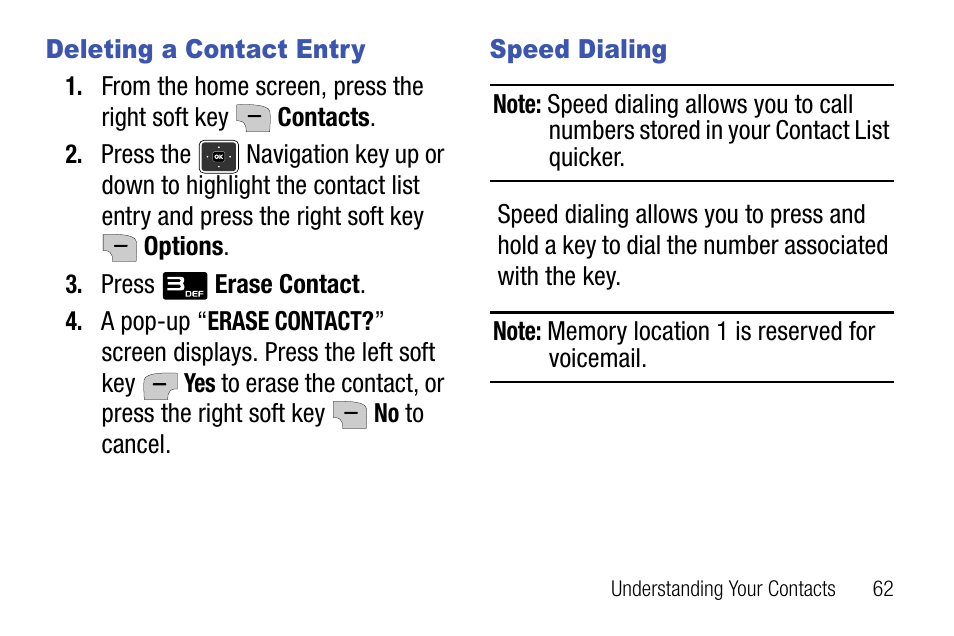 Deleting a contact entry, Speed dialing, Deleting a contact entry speed dialing | Samsung SCH-U310ZNAVZW User Manual | Page 65 / 144