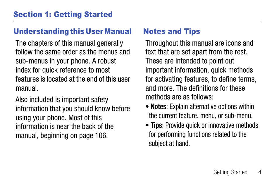 Section 1: getting started, Understanding this user manual, Notes and tips | Understanding this user manual notes and tips | Samsung SCH-U310ZNAVZW User Manual | Page 7 / 144