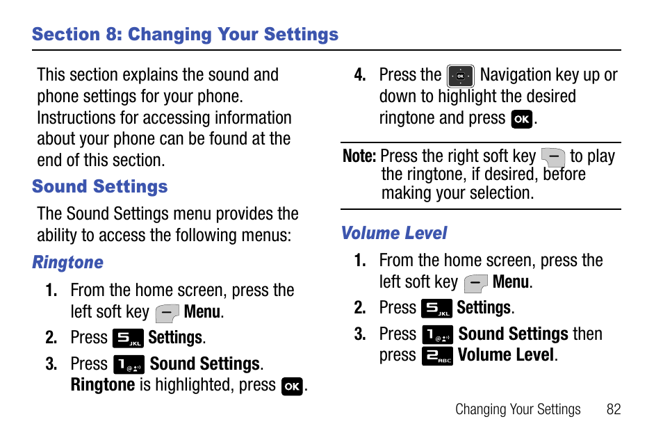 Section 8: changing your settings, Sound settings, Ringtone | Volume level | Samsung SCH-U310ZNAVZW User Manual | Page 85 / 144