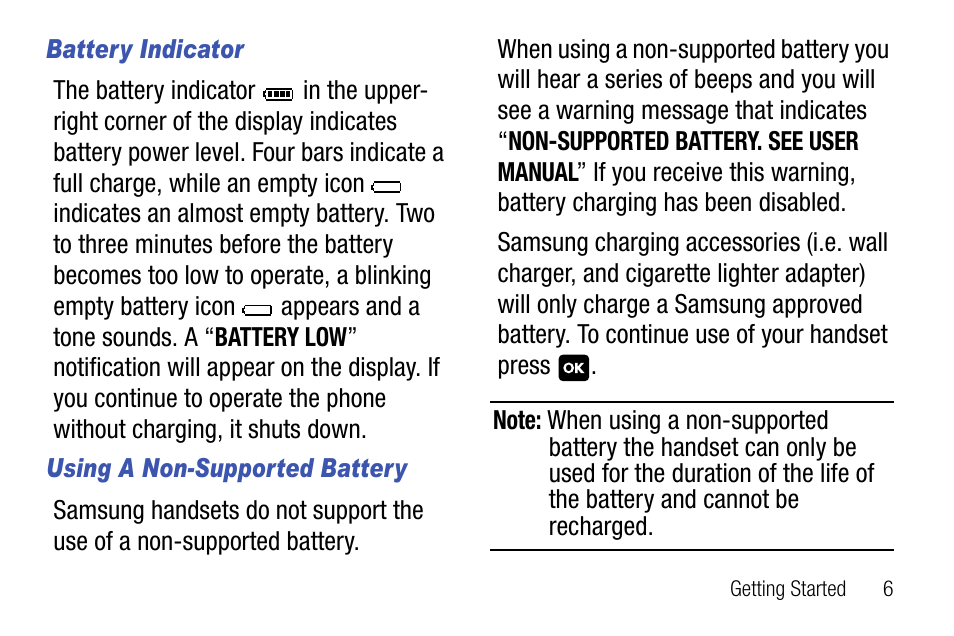 Battery indicator, Using a non-supported battery | Samsung SCH-U310ZNAVZW User Manual | Page 9 / 144