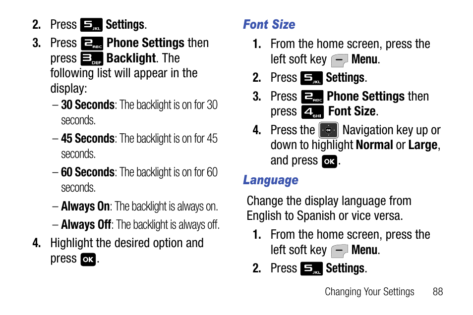 Font size, Language | Samsung SCH-U310ZNAVZW User Manual | Page 91 / 144