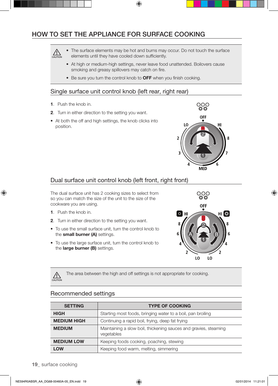 How to set the appliance for surface cooking, Recommended settings | Samsung NE594R0ABBB-AA User Manual | Page 20 / 60