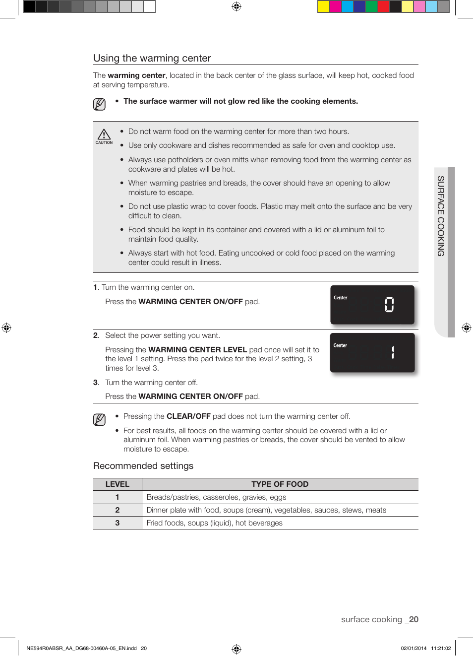 Using the warming center, Recommended settings | Samsung NE594R0ABBB-AA User Manual | Page 21 / 60