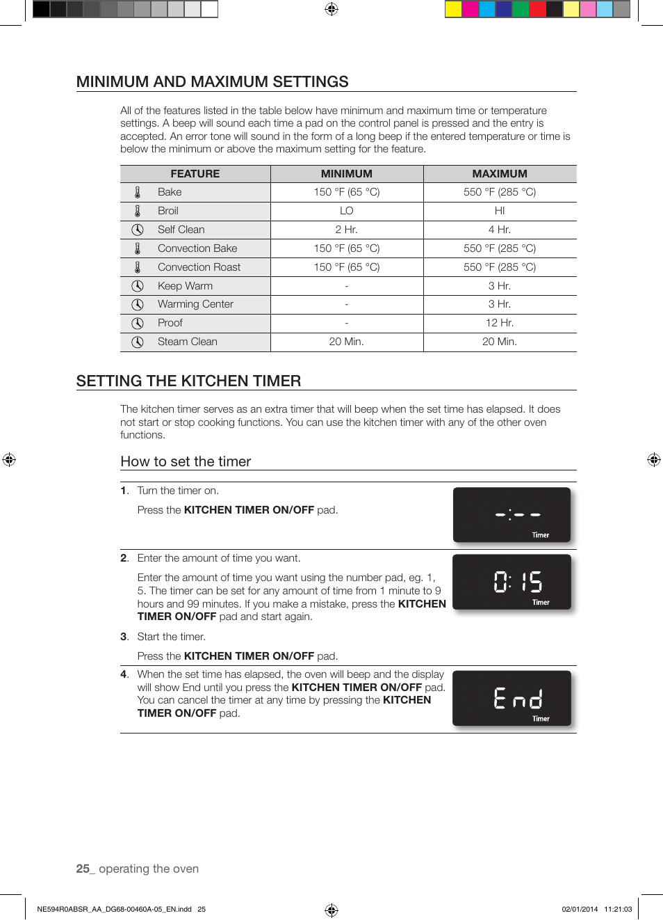 Minimum and maximum settings, Setting the kitchen timer, How to set the timer | Samsung NE594R0ABBB-AA User Manual | Page 26 / 60