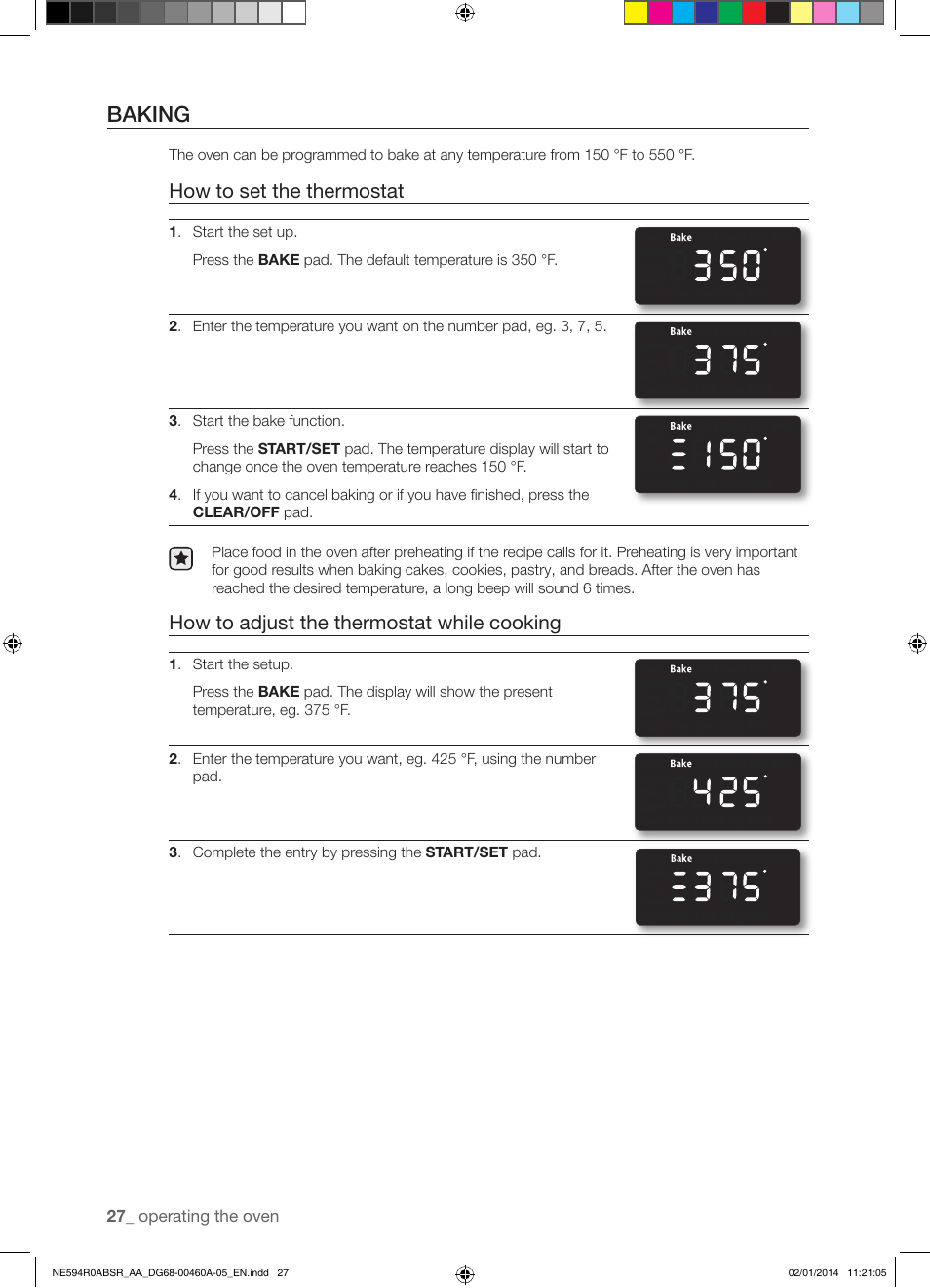 Baking, How to set the thermostat, How to adjust the thermostat while cooking | Samsung NE594R0ABBB-AA User Manual | Page 28 / 60