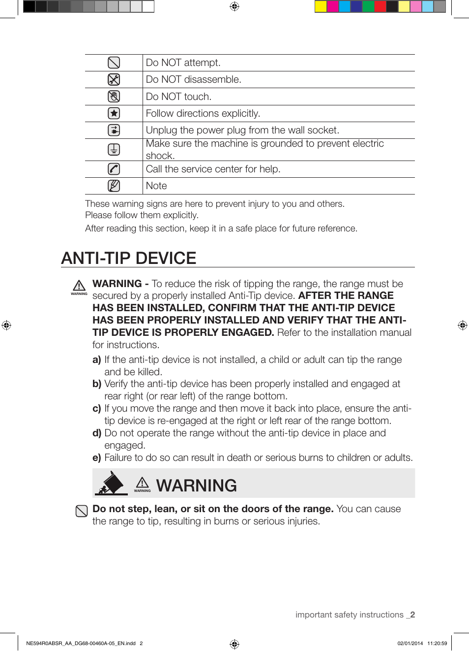 Anti-tip device, Warning | Samsung NE594R0ABBB-AA User Manual | Page 3 / 60