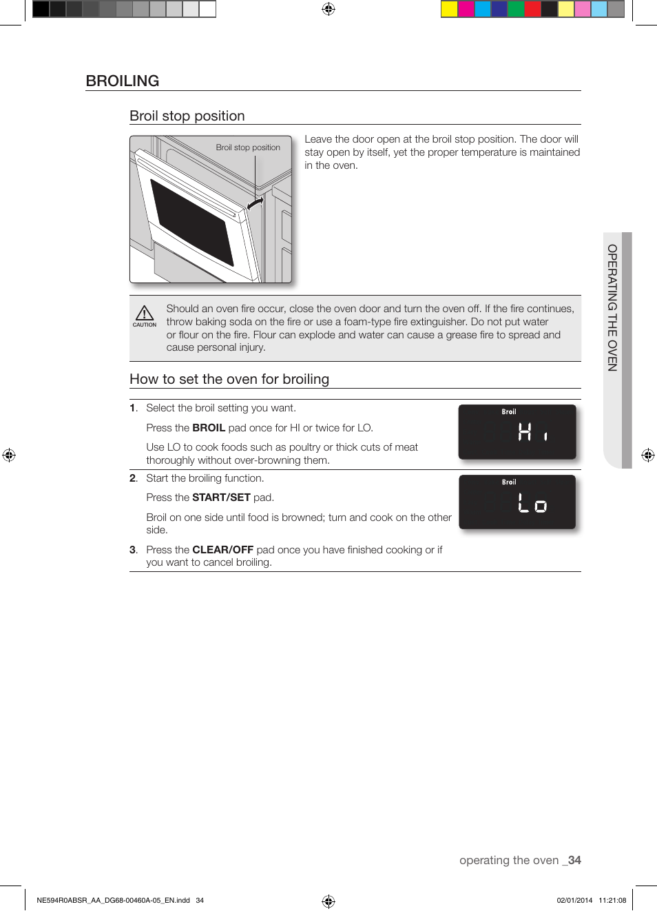 Broiling, Broil stop position, How to set the oven for broiling | Samsung NE594R0ABBB-AA User Manual | Page 35 / 60