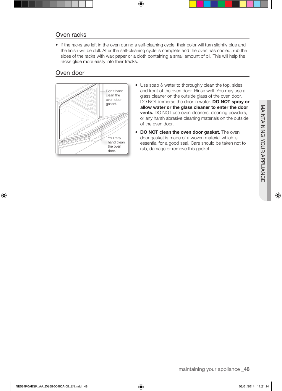 Oven racks, Oven door | Samsung NE594R0ABBB-AA User Manual | Page 49 / 60