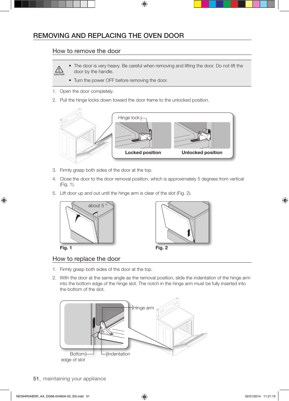 Removing and replacing the oven door, How to remove the door, How to replace the door | Samsung NE594R0ABBB-AA User Manual | Page 52 / 60