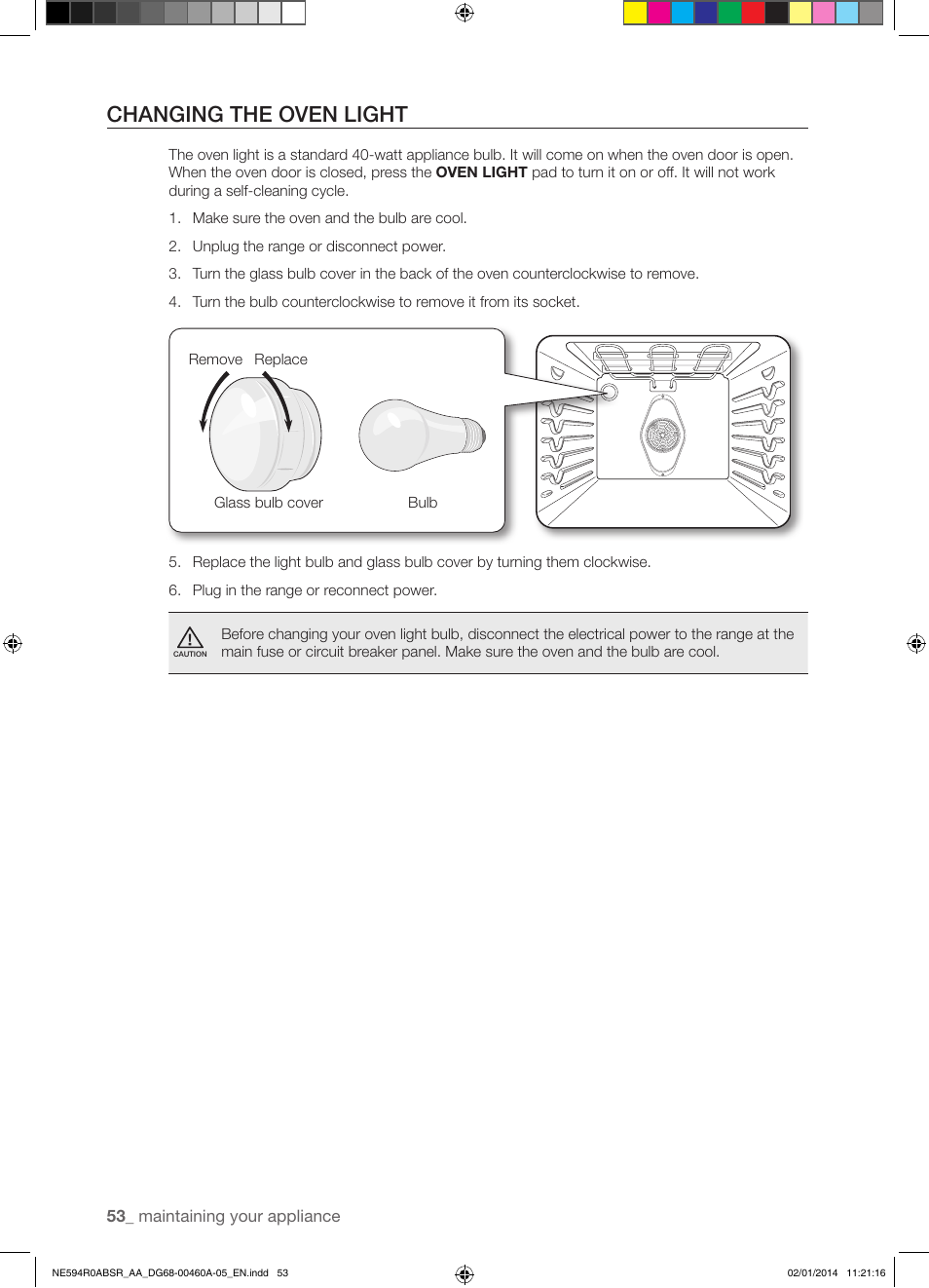 Changing the oven light | Samsung NE594R0ABBB-AA User Manual | Page 54 / 60