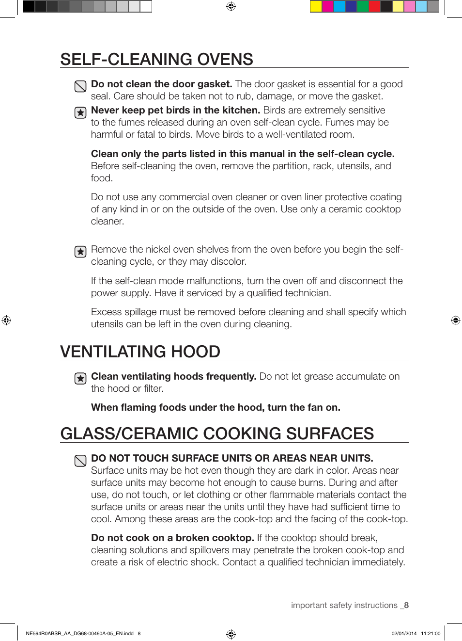 Self-cleaning ovens, Ventilating hood, Glass/ceramic cooking surfaces | Samsung NE594R0ABBB-AA User Manual | Page 9 / 60