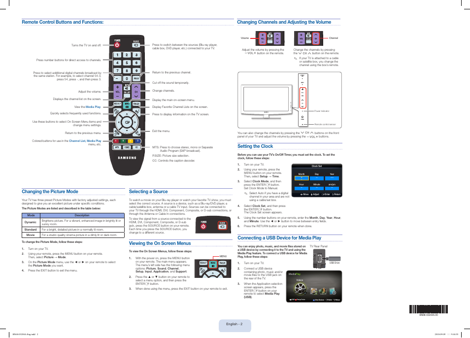 Selecting a source, Viewing the on screen menus, Setting the clock | Connecting a usb device for media play, Changing channels and adjusting the volume | Samsung LN22C500B2FXZA User Manual | Page 2 / 2